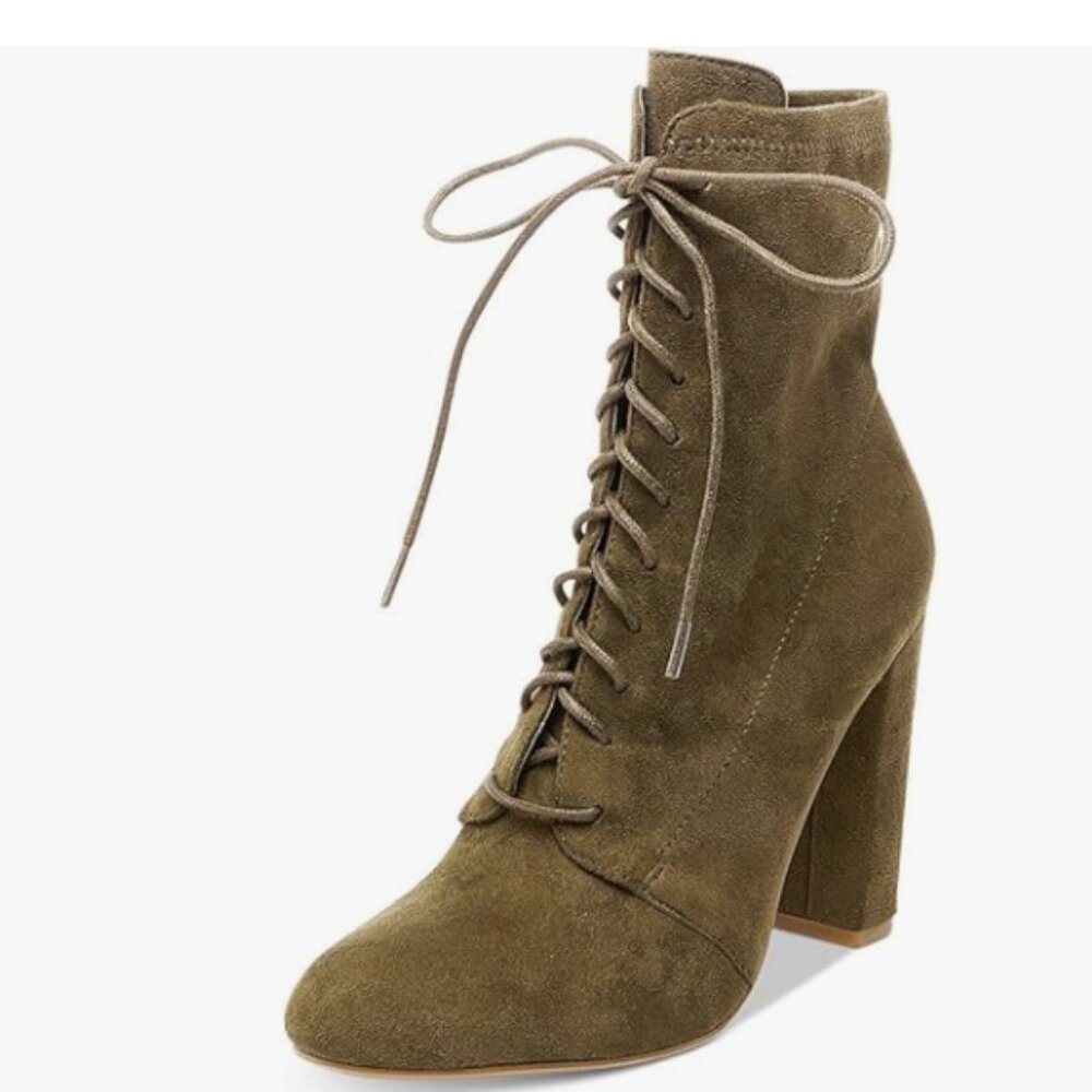 XYD Tawny Faux Suede Lace Up Ankle Boots Dress Round Toe Chunky Heel Booties